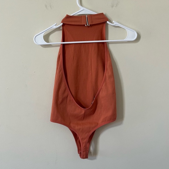 Fashion Nova Pink Salmon Halter Neck Backless Ribbed Thong Bodysuit - Picture 5 of 9